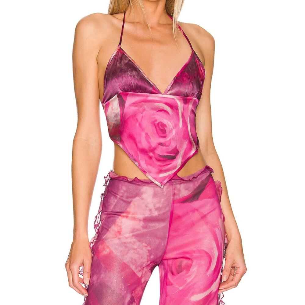 Kim Shui Pink Tie Back Halter Crop Scarf Top